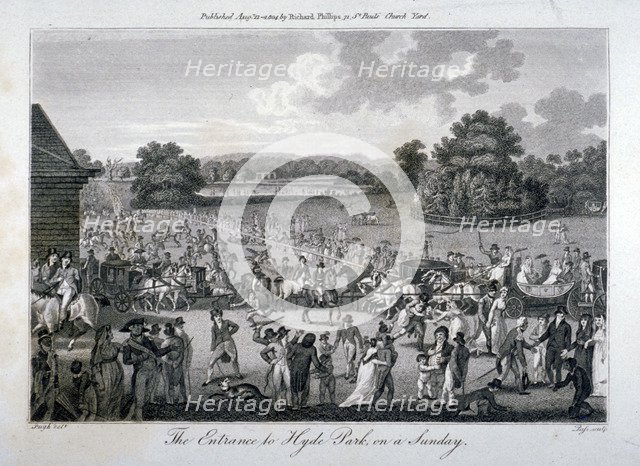 View of the crowded entrance to Hyde Park on a Sunday, London, 1804.                                 Artist: John Pass