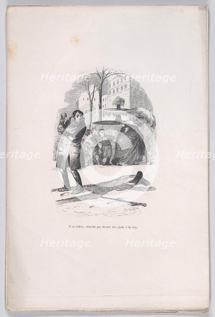 He gets up, covered from head to toe in snow. from the Little Miseries of Human Life, 1843. Creator: Jean Ignace Isidore Gerard.