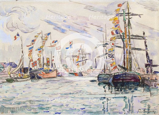 'Sailboats with Holiday Flags at a Pier in Saint-Malo', 1920s.  Artist: Paul Signac