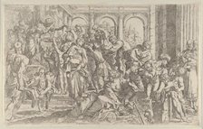 Saint Roch at left distributing alms to a group of people gathered around him, af..., ca. 1590-1600. Creator: Francesco Brizio.