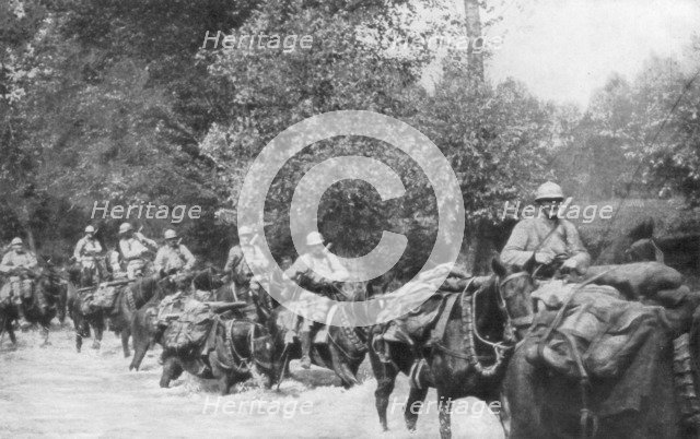 The re-supply of a machine gun unit by horseback, Aisne, France, 2 September 1918. Artist: Unknown