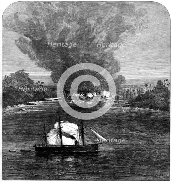 The War on the Gold Coast: H.M.S. Druid destroying the village of Aguidah, 1873. Creator: William James Palmer.