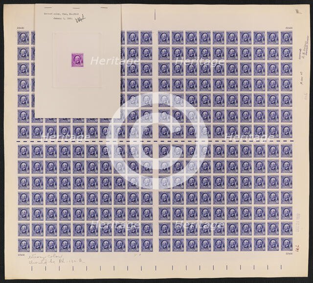 3c American Authors Ralph Waldo Emerson die proof attached to plate proof, 14612. Creator: Bureau of Engraving and Printing.