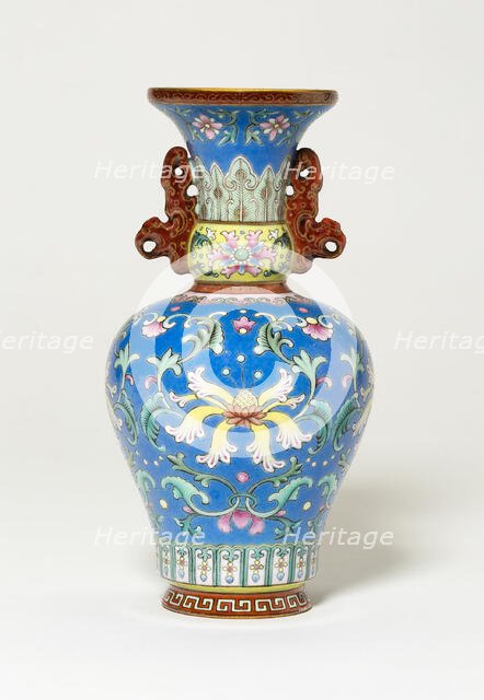 Vase with Two Tiger-Shaped Handles, Qing dynasty, Qianlong reign mark and period, late 18th century. Creator: Unknown.