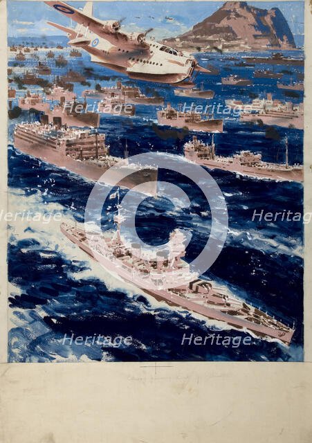 Convoy passing Gibraltar, between 1939 and 1946. Creators: Central Office of Information, Patrick Keely.