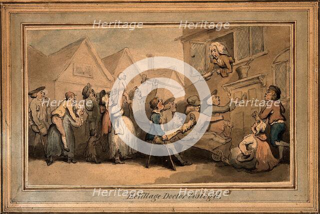 A long queue (line) of angry patients agitating outside the house of a doctor (surgeon..., ([1800?). Creator: Thomas Rowlandson.