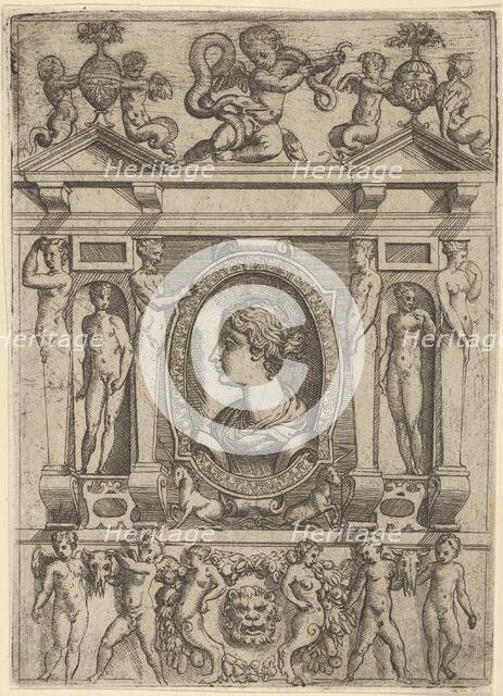 Bust of a woman in profile facing left, set in an elaborate frame with figures in n..., ca. 1540-80. Creator: Battista del Moro.
