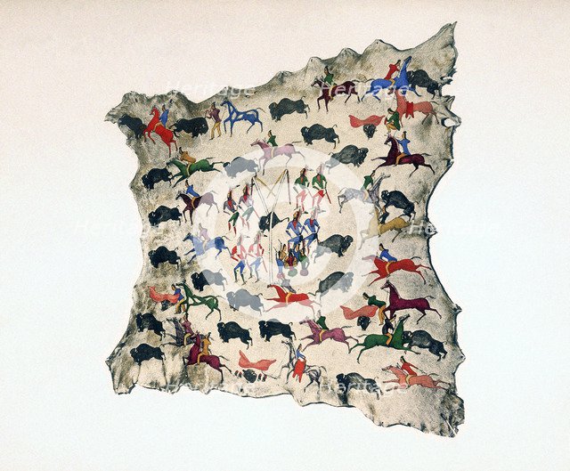 Moose skin by North American Shoshone Indian, showing Buffalo hunt, 20th century. Artist: Katsikodi