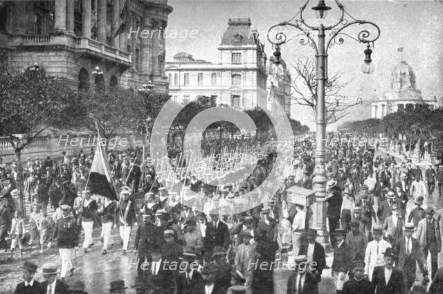 Latin America Against Germany; July 14, 1917, in Rio de Janeiro: a parade of sailors...1917 Creator: Unknown.
