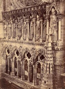 Pointed Arches, Sculptural Saints, and Rose Window on Unidentified Cathedral, 1880s. Creator: Unknown.