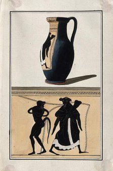 Above, black-figured Greek wine jug (oinochoe); below, detail of decoration showing a man..., 1760-9 Creator: Augustin Dahlsteen.
