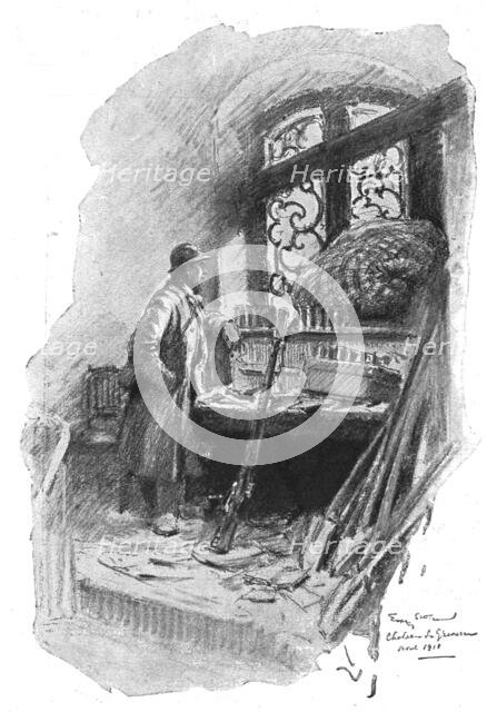 'Dans la Bataille; Attendant l'attaque: un fantassin du 350e derriere une fenetre du chateau', 1918. Creator: Georges Bertin Scott.