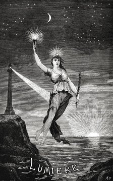 Allegory of Electric Light. From "Physique et chimie populaires" by Alexis Clerc, Early 1880s. Creator: Anonymous.