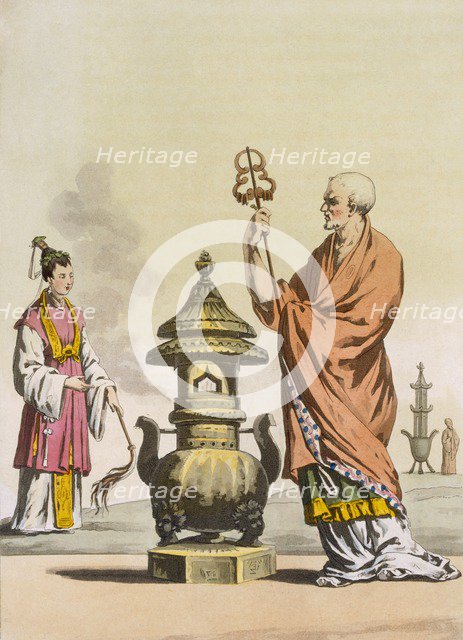 Chinese Taoist religious customs: A bonzo in ceremonial robes, c1820-30. Creator: Italian School (19th Century).