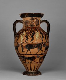 Neck amphora with (A) nude men and women, and (B) man and woman between sphinxes, 565-550 BC. Creator: Timiades Painter.