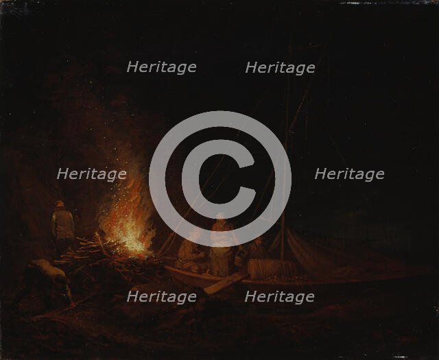 Fishermen lighting a campfire, 1810. Creator: Alexander Lauréus.