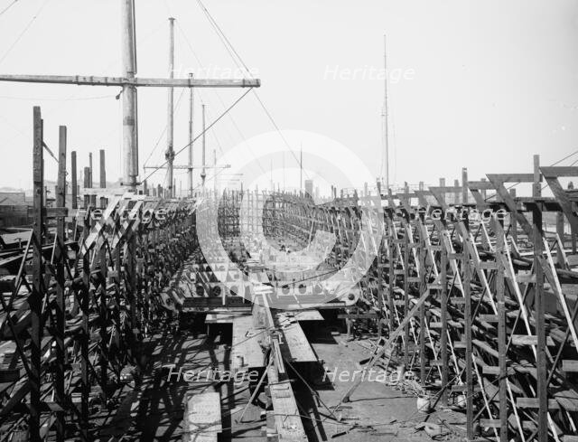 Laying keel of no. 400, Globe Iron Works, Cleveland, Ohio, ca 1900. Creator: Unknown.