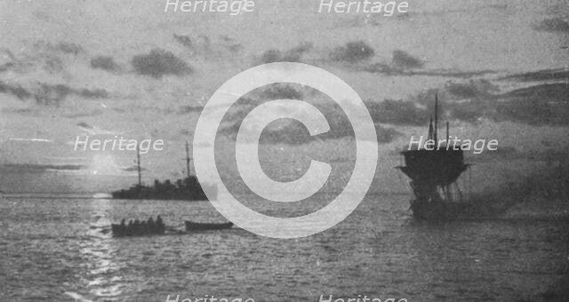 'La chasse aux voiliers Turcs dans la mer Noire; Autre voilier turc incendie apres avoir..., c1915. Creator: Unknown.