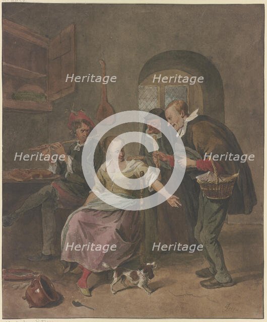 In a room a man is playing the flute, a woman is sitting next to him talking to a man carrying... Creator: Hermanus Numan.