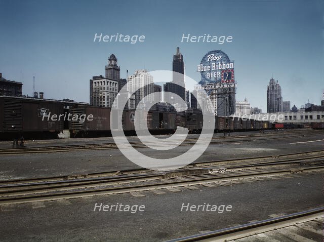 General view of part of the South Water Street freight...Illinois Central Railroad, Chicago, 1943. Creator: Jack Delano.