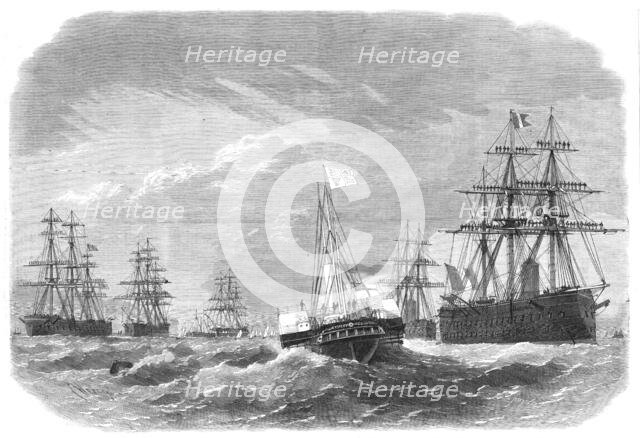 The Royal Yacht Osborne passing through...English squadrons of ironclads in Plymouth Sound, 1865. Creator: Smyth.