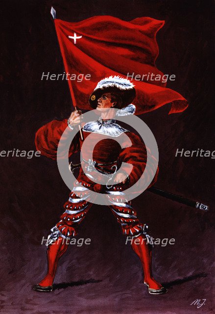 Flag bearer from the canton of Schwytz, c. 1510. Color engraving from 1943, published by Editions…