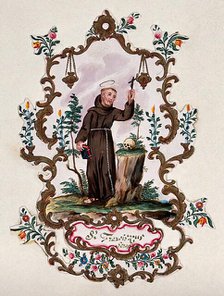 Saint Francis of Assisi, in a rococo frame, holding a Bible and a crucifix. Creator: Unknown.