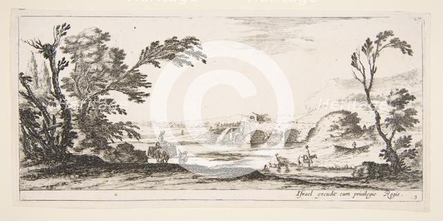 Plate 3: two horsemen crossing a river to right, a woman with two baskets atop a donke..., ca. 1641. Creator: Stefano della Bella.