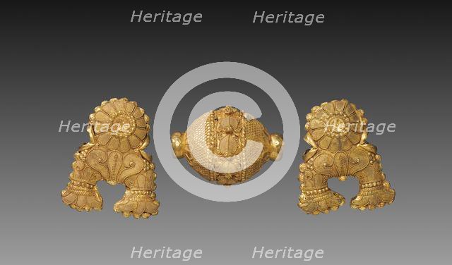 Necklace Bead and Pair of Pendants in the Shape of an Auspicious Symbol, c. 150 BC. Creator: Unknown.