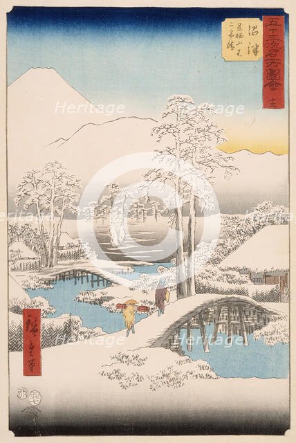 Mt. Fuji and Mt. Ashigara from Numazu in Clear Weather After a Snowfall, Published in 1855. Creator: Ando Hiroshige.