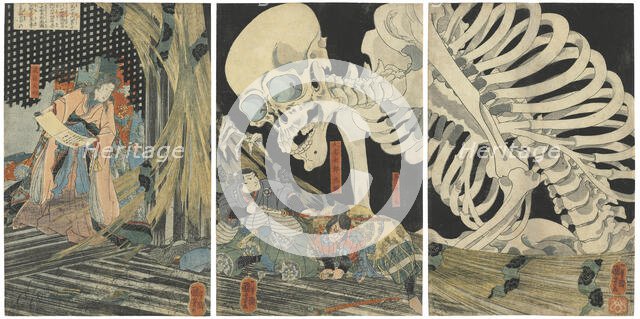 Oyataro Mitsukuni Defying the Skeleton Spectre Conjured up by Princess Takiyasha, 1844-1845. Creator: Kuniyoshi, Utagawa (1797-1861).