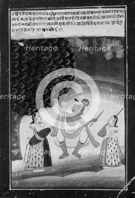 Krishna Dancing with Two Attendant Female Musicians, late 19th-early 20th century. Creator: Unknown.