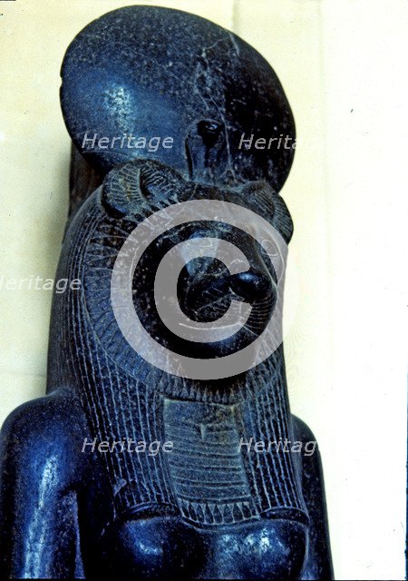 Goddess Sekhmet represented with lioness head, made in diorite, detail of the top, from Thebes, A…