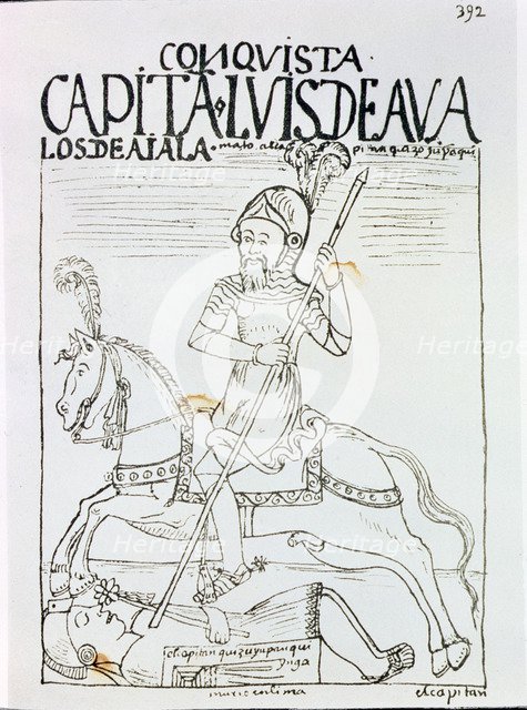 Captain Luis de Avalos killing an Inca, illustration from the book 'Nueva Crónica y Buen Gobierno…