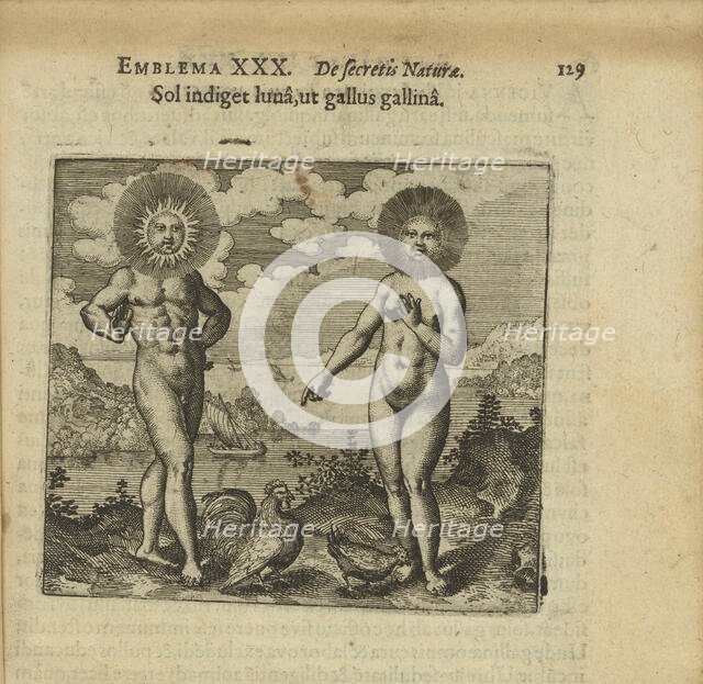 Emblem 30. The sun needs the moon, like the rooster needs the hens, 1618. Creator: Merian, Matthäus, the Elder (1593-1650).