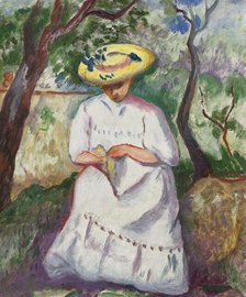 Jeanne sewing under a cork oak, Villa Demière, 1907. Creator: Manguin, Henri Charles (1874-1949).