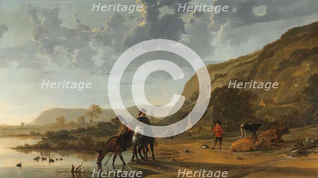 River Landscape with Riders, c.1653-1657. Creator: Aelbert Cuyp.