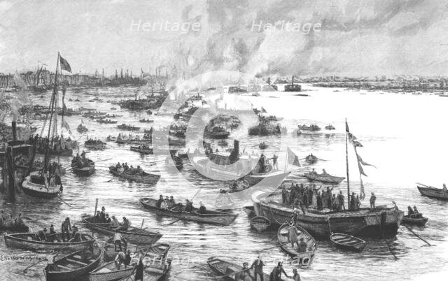 ''The Oxford and Cambridge Boat Race; Off Chiswick, "Here they come!"', 1890. Creator: Unknown.