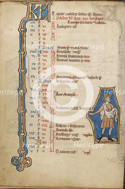 October Calendar Page; Sowing; Psalter, mid-1200s. Creator: Unknown.