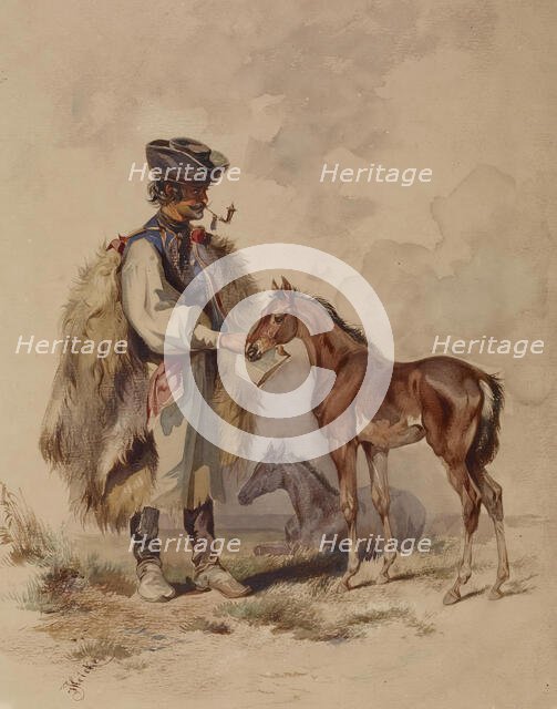Peasant Feeding a Colt, c1850. Creator: Joseph Heicke.