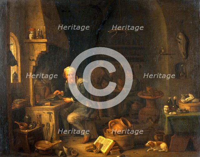 An alchemist seated at a furnace, turning away in thought, c1680s. Creator: Teniers, David, 1610-1690 (By or After).