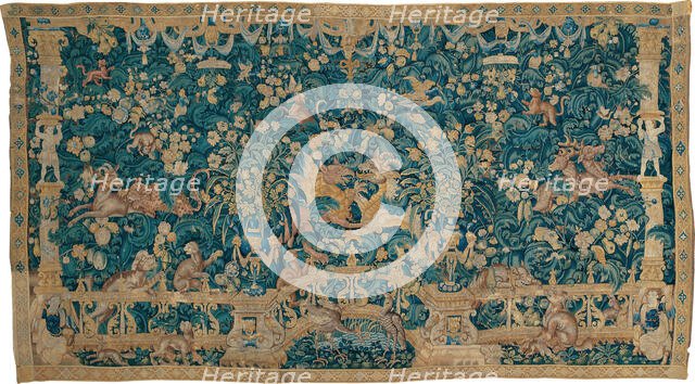 Large Leaf Verdure with Proscenium, Animals, and Birds, Southern Netherlands, 1525/50. Creator: Unknown.