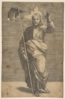 Christ standing facing forward, holding a cross with a banner and raising his left ..., ca. 1515-27. Creator: Marco Dente.