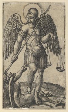 Saint Michael holding scales and a lance, a demon beneath him, from the series 'P..., ca. 1500-1527. Creator: Marcantonio Raimondi.