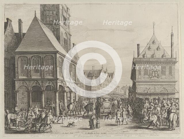 City magistrates taking leave of Marie de Medici before the town hall, from Caspar Barlaeu..., 1638. Creator: Salomon Savery.