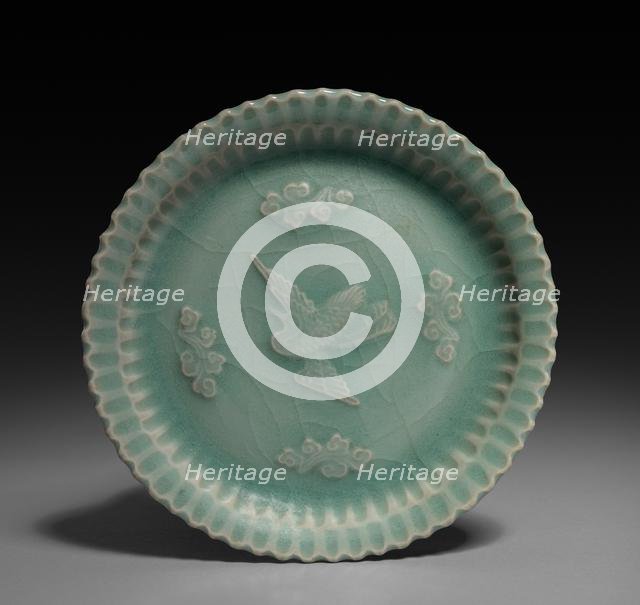 Dish with Flying Crane and Clouds in Relief, 1300s. Creator: Unknown.