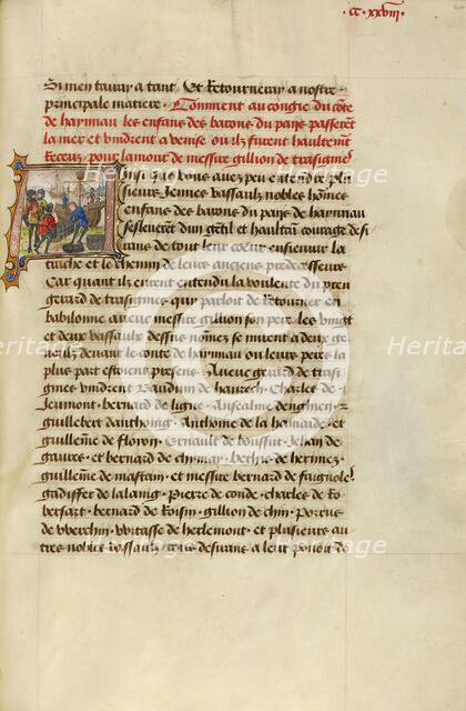 Initial A: Gillion and His Son Gerard Preparing to Set Sail for the East, 1464. Creators: Lieven van Lathem, David Aubert.