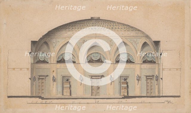 Cross-Section of a Domed Room with Urns and Candelabra, ca. 1800. Creator: Anon.
