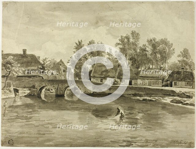 Man Fishing in River Near Village, 1832. Creator: Jan Baptiste de Jonghe.