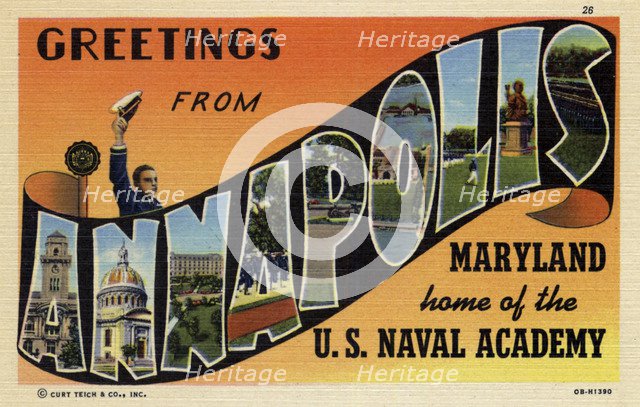 'Greetings from Annapolis, Maryland, home of the US Naval Academy', postcard, 1940. Artist: Unknown